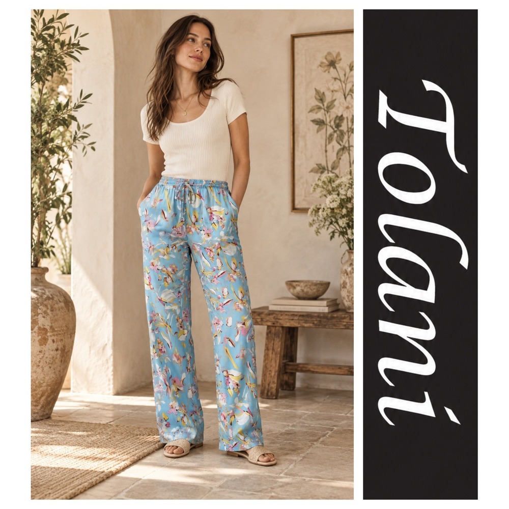 Tolani Collection Blue Silky Satin Floral Wide Leg Pajama Lounge Pants 2X